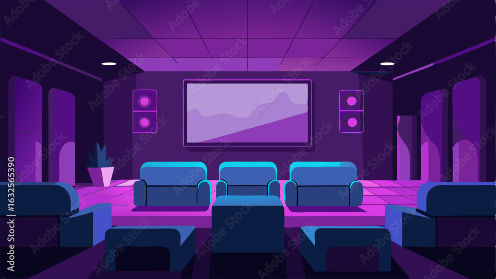 Obraz premium A modern home theater with plush velvet seating a large screen and dramatic purple lighting.