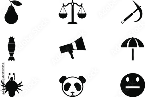 Pear scales pickaxe shrimp megaphone umbrella spider panda neutral face set of silhouettes