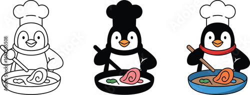 Chef penguin cooking delicious meal in a bowl.