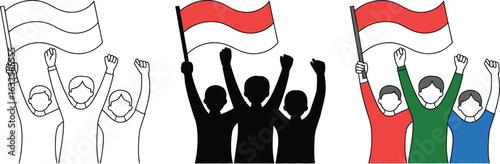 People celebrate holding Indonesian flag with raised fists