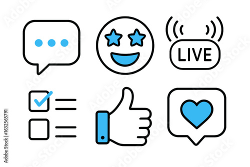 Minimal icon pack in black, white and blue tones showing polls, live broadcast, emojis and likes for UI, marketing tools and interactive social media platforms.