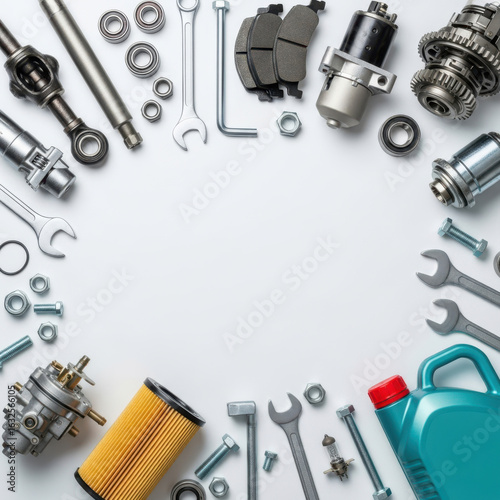 Automotive parts and tools arranged on a white background
