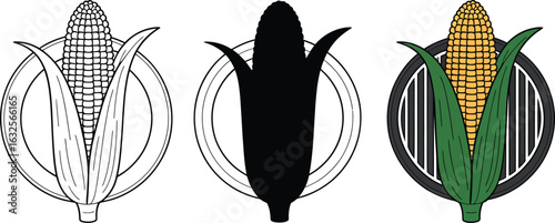 Vibrant corn cob emblems for agricultural branding and design