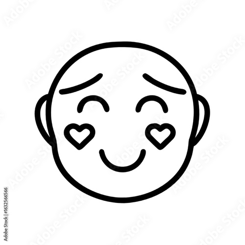 A simple line icon of a smiling face with hearts on its cheeks, expressing adoration and love