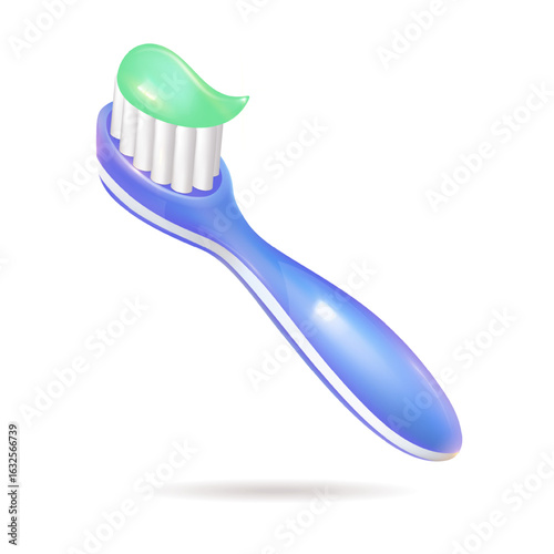 A vibrant blue toothbrush is topped with a fresh green dollop of toothpaste, ready for personal dental care and oral hygiene routines