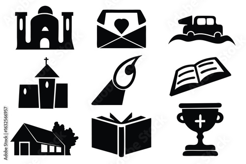 Religious building envelope car open book chalice house vector