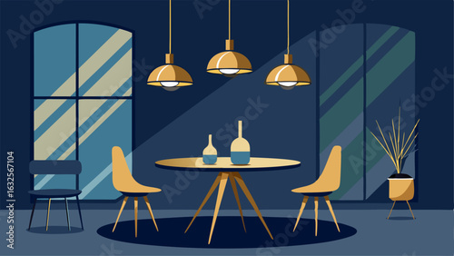 A of brass and glass pendant lights hang above a round midcentury dining table.
