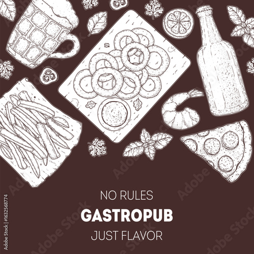 Gastropub menu. Pub food and beer. Hand drawn vector illustration. Food and drink sketch. Top view. Hand drawn food collection for gastropub or pub menu design. Beer, burger, french fries, snacks.