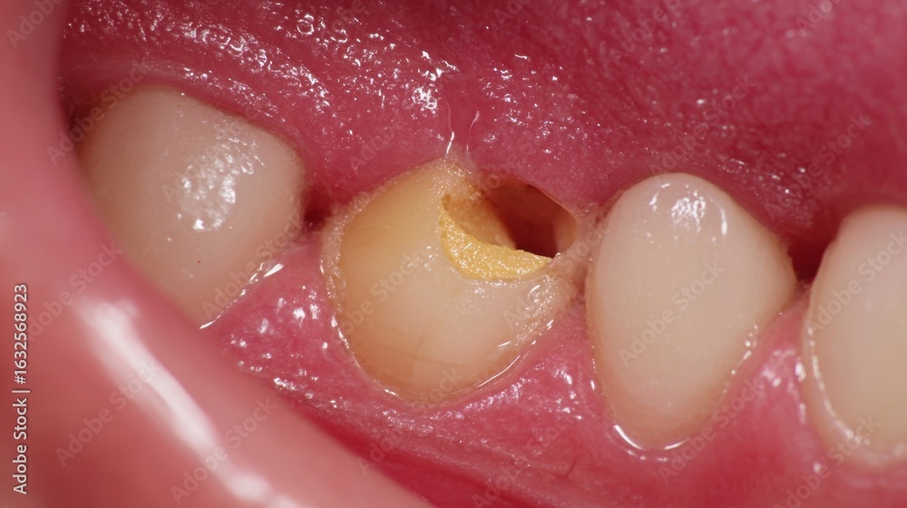 Obraz premium Side angle of a small mouth ulcer with a shallow crater and yellowwhite rim contrasted against healthy pink oral lining.