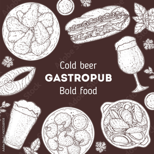 Gastropub menu. Pub food and beer. Hand drawn vector illustration. Food and drink sketch. Top view. Hand drawn food collection for gastropub or pub menu design. Beer and food frame.