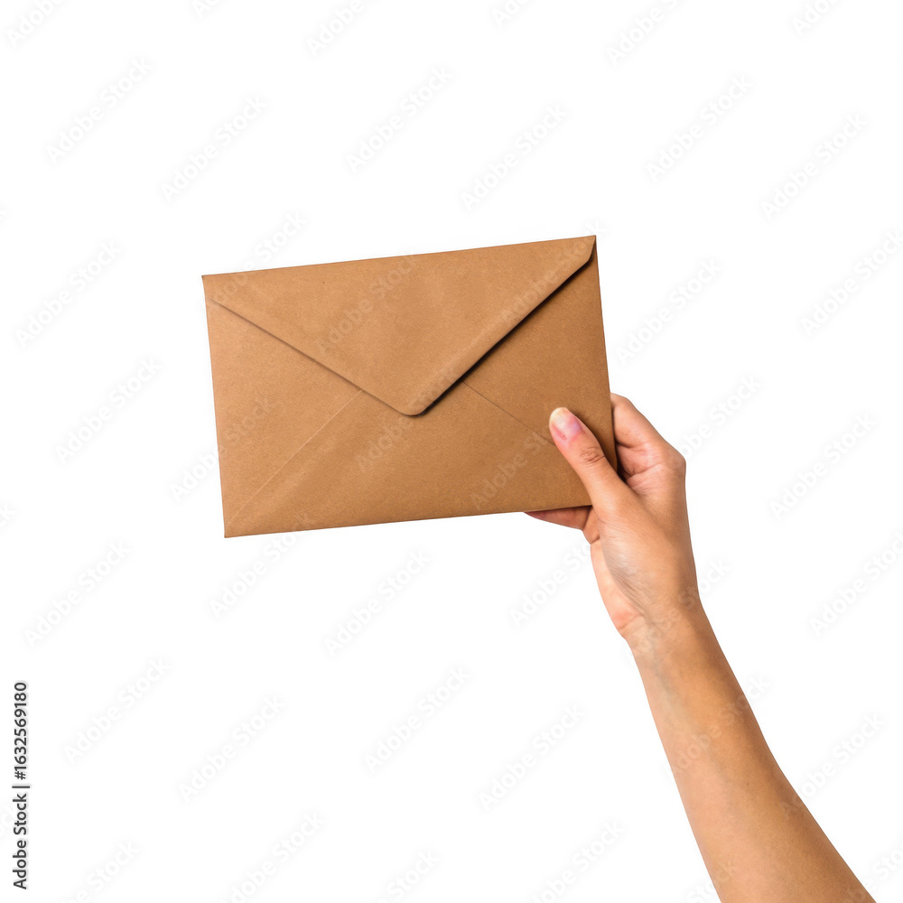 Fototapeta premium A hand holds a brown kraft paper envelope against a transparent background