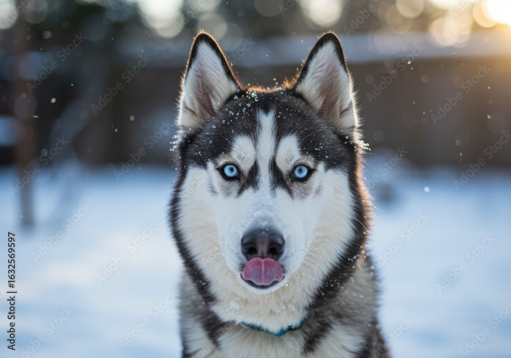 Naklejka premium A beautiful Siberian husky with striking blue eyes sticks out its tongue in the winter snow.