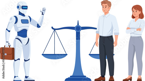 Ai lawyer robot with scales and clients legal tech illustration