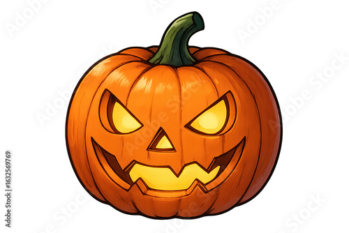 A lit halloween pumpkin, isolated against a transparent background