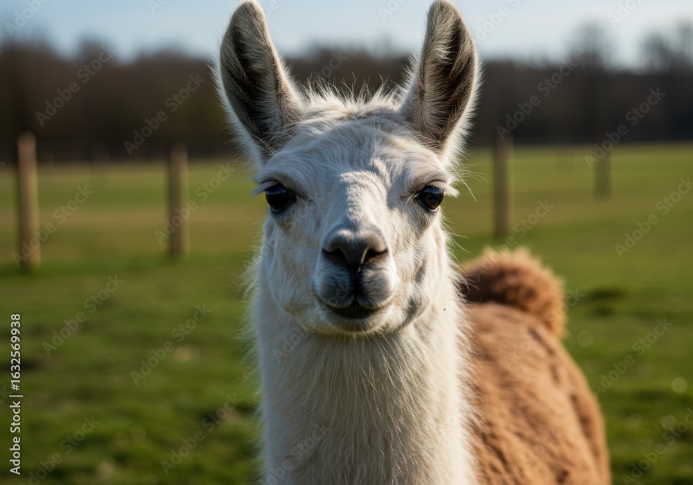 Obraz premium A charming llama poses for a portrait, showing off its fluffy fur and captivating gaze.