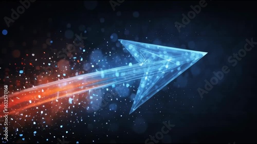 Abstract Blue Glowing Arrow Moving Upward with Energetic Particles: Progress and Growth