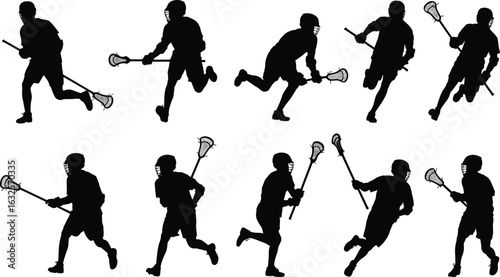 Lacrosse player silhouette vector illustration set, a collection of men in different action poses, running, catching, passing and shooting, sport and athletic concept isolated on white background.
