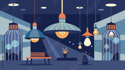 A mix of modern and antique lighting fixtures throughout the space
