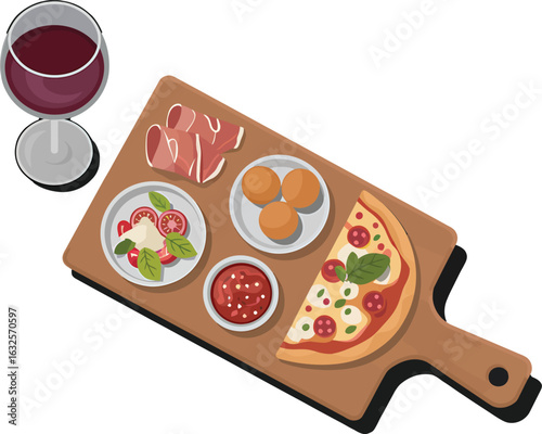 Overhead View: Delicious Italian Appetizer Platter with Pizza, Wine, and Antipasto.