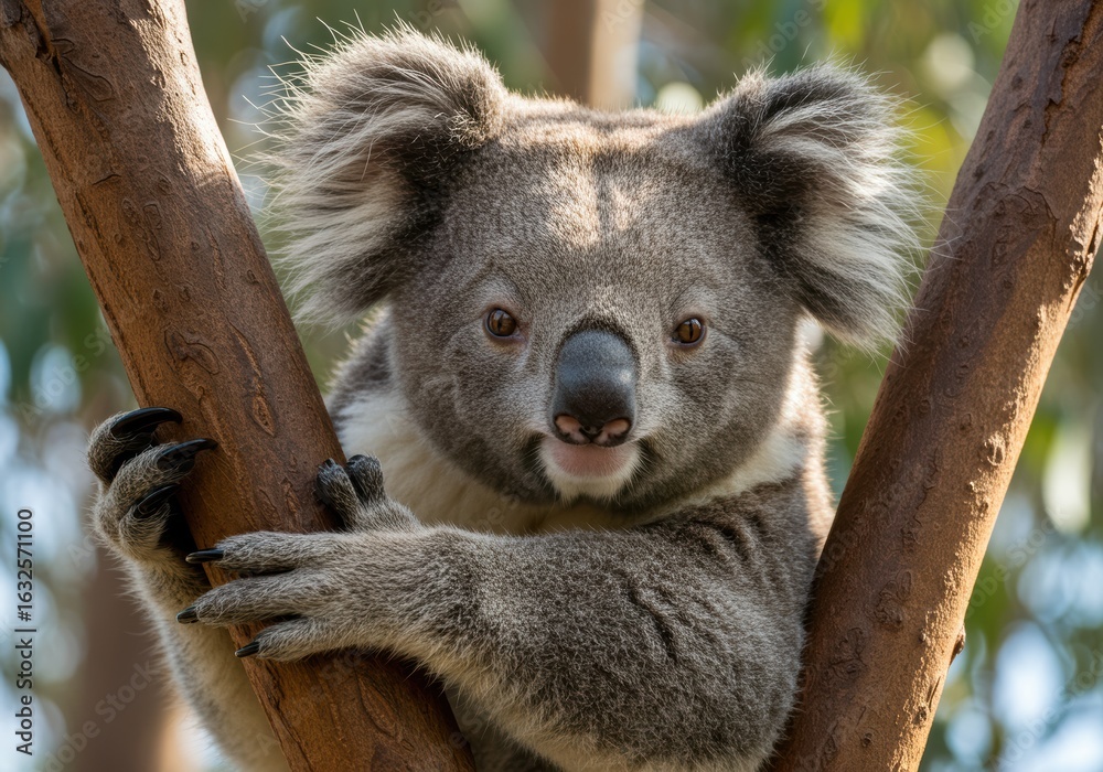 Fototapeta premium A charming koala bear perched on a tree branch, staring inquisitively.