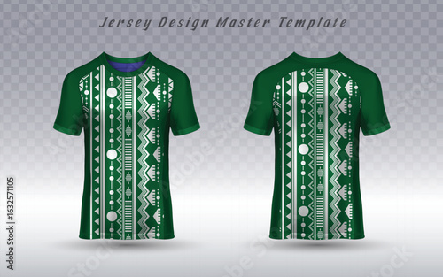 A professional, modern jersey design master template, showcasing a front and back view of a green t-shirt with a detailed folk-inspired geometric pattern. Ideal for sportswear and apparel branding.