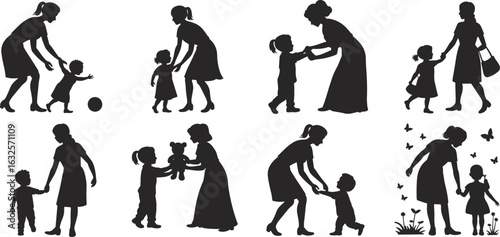 Mother and child silhouette vector illustration set, a collection of women with their kids, playing, walking and embracing, motherhood and parental care concept isolated on a white background.