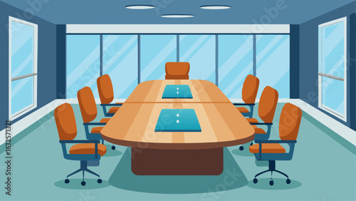 A modern conference room with a large wooden table and ergonomic chairs.