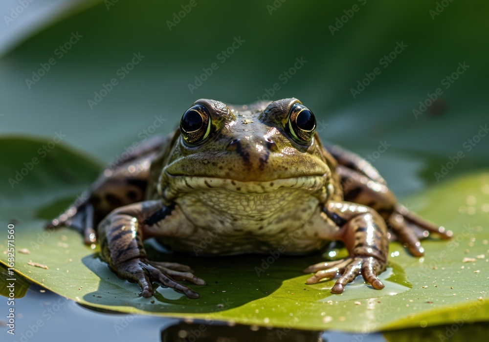 Obraz premium A captivating frog portrait on a lily pad, capturing the essence of wetland wildlife.