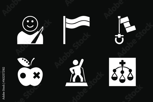 Smiling person flag pole apple game controller scales set of icons