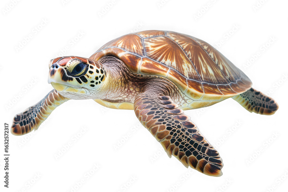 Fototapeta premium Green sea turtle swimming gracefully against a stark black background