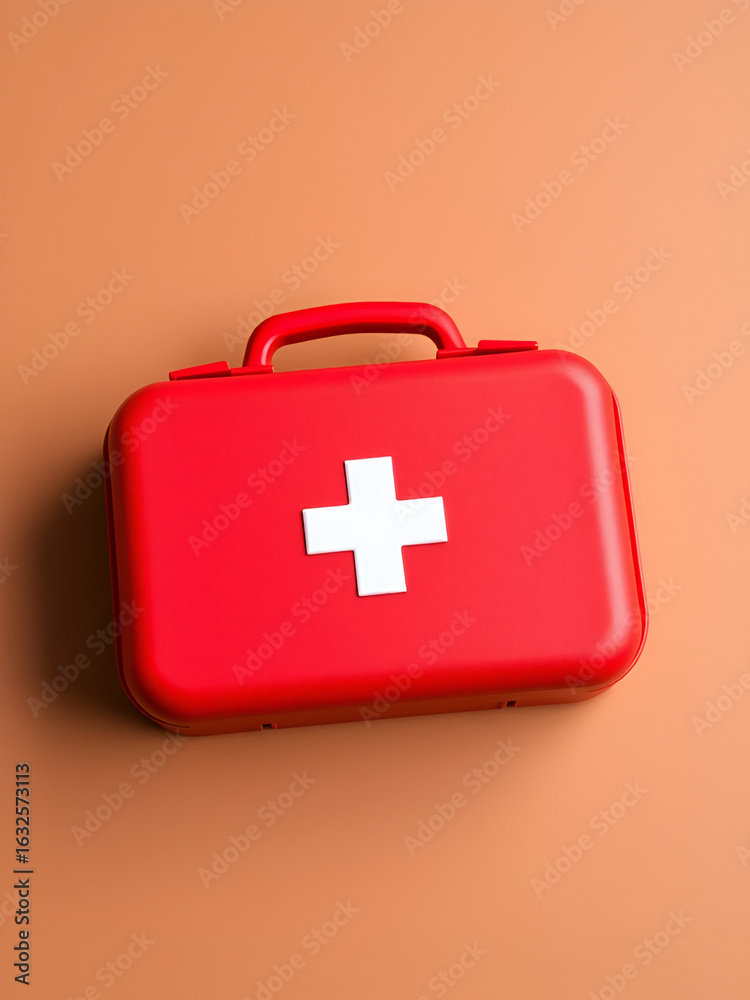 Fototapeta premium a red first aid case on a brown background