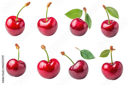 Eight fresh red cherries with stems and leaves on black background