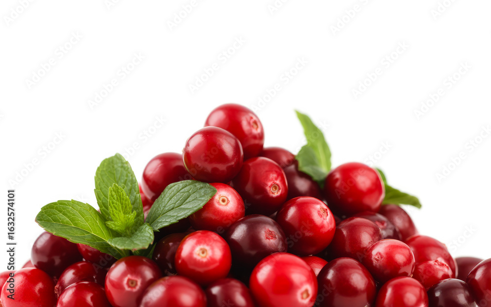 Fresh cranberries with mint leaves on white background Fresh cranberries with mint leaves on white background