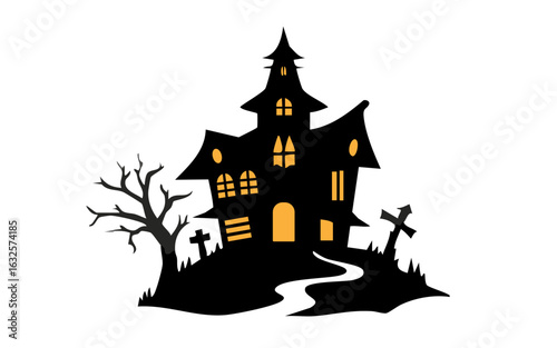 A silhouette haunted Halloween house with spooky trees vector ilustration