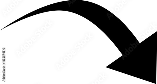 Black curved arrow pointing down on white background downward direction