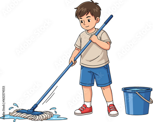 Child mopping floor, cleaning bucket, household chores, young boy helping, home hygiene, cartoon illustration, indoor activity, sanitation, responsibility, learning