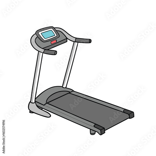 Gray treadmill with blue screen and black handles exercise fitness