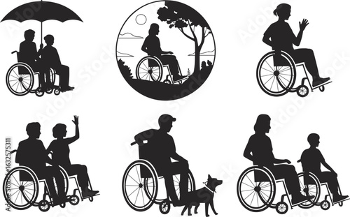 Silhouettes of people in wheelchairs in various scenarios, a woman with a man under an umbrella, a man with his dog and a couple in wheelchairs, 