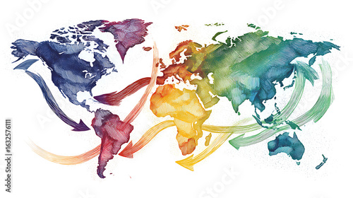 Fototapeta Naklejka Na Ścianę i Meble -  Colorful world map with flowing arrows indicating global movement and connection illustration