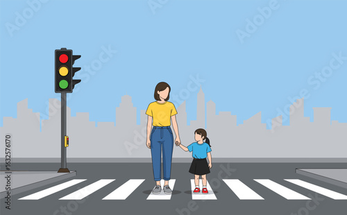 Mother and child crossing street, pedestrian crosswalk, traffic light, urban cityscape, safety, family bonding, walking together, city life, parenting, care