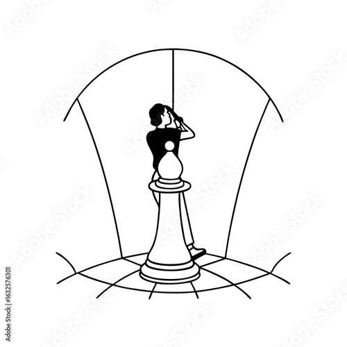 A person stands on a chess pawn, looking through binoculars isolated on white background