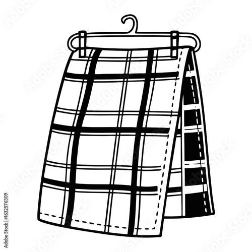 A plaid skirt hanging on a hanger isolated on white background, simple design