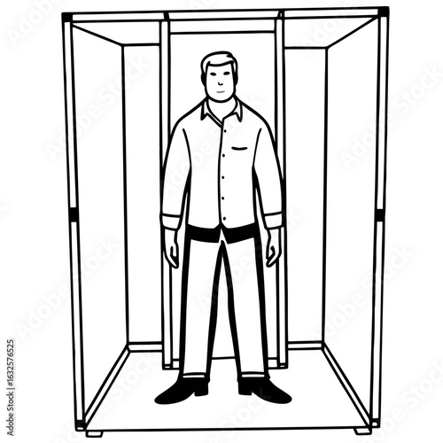 Full length portrait of a man standing in a box isolated on white background