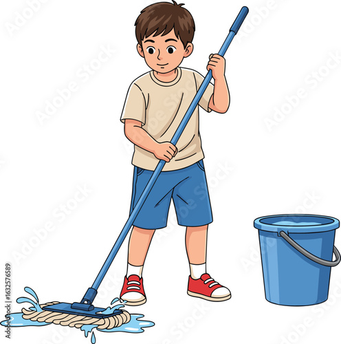 Young boy mopping floor, blue bucket, cleaning chores, household task, child helping, domestic work, water splashes, home activity, responsibility, hygiene