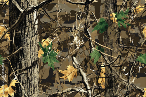 A camouflage pattern made of real tree branches and green leaves, with an American-style camo design for hunting in the woods.