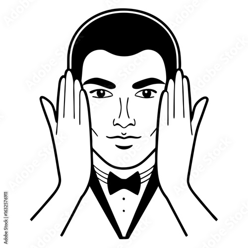 Man with hands on face isolated on white background, wearing tuxedo