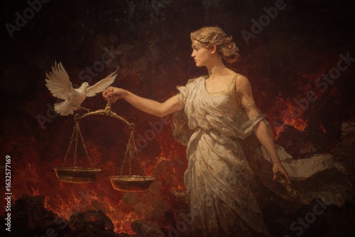 A mythological-style illustration where the Greek goddess Themis holds a broken scale--one side is sinking into hellfire with war and greed, while the other side ascends to heaven with a lone dove. 