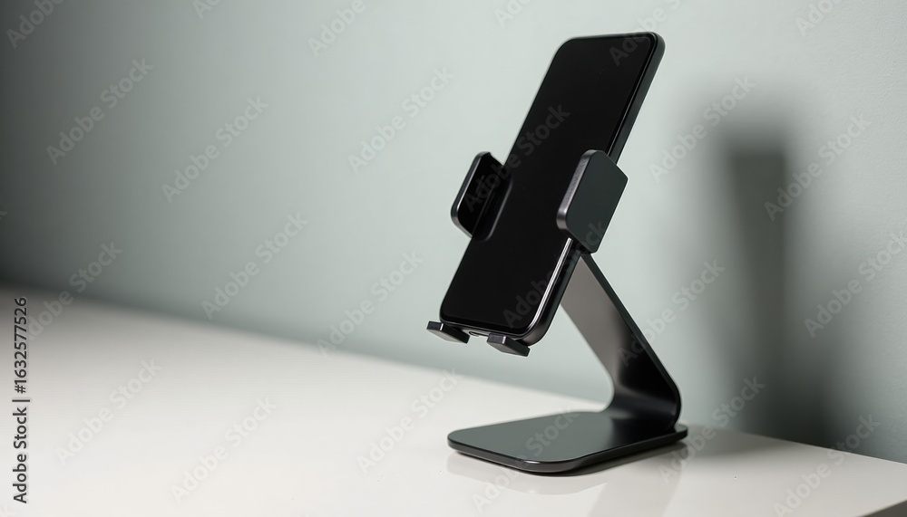 Naklejka premium Black smartphone on modern stand against minimalist background 
