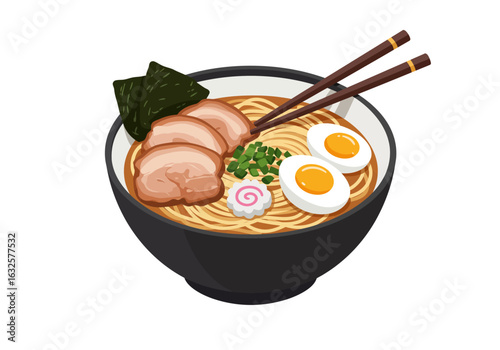 A bowl of ramen with pork eggs nori green onions fish cake and chopsticks