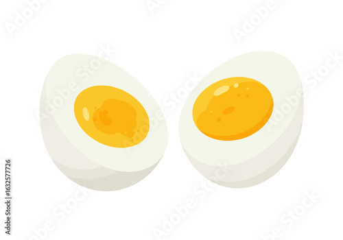 Two halved hardboiled eggs showcasing the yolk and white